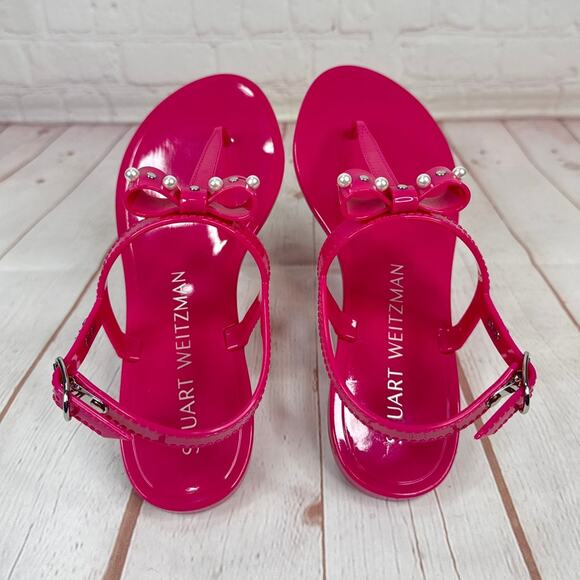 Stuart Weitzman Imitation Pearl Bow Jelly Pink Ankle Strap Sandals Women’s Sz 6B - Picture 7 of 8